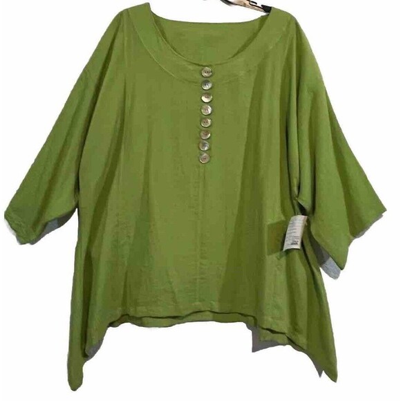 New Fridaze Top Women's XL Kiwi Green Linen Buttons 3/4 Sleeve Blouse - Picture 6 of 6